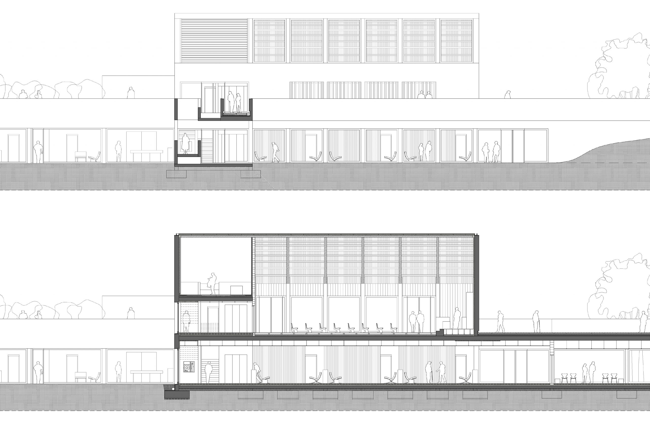 57/87 - SOUTH ELEVATION AND LONGITUDINAL SECTION